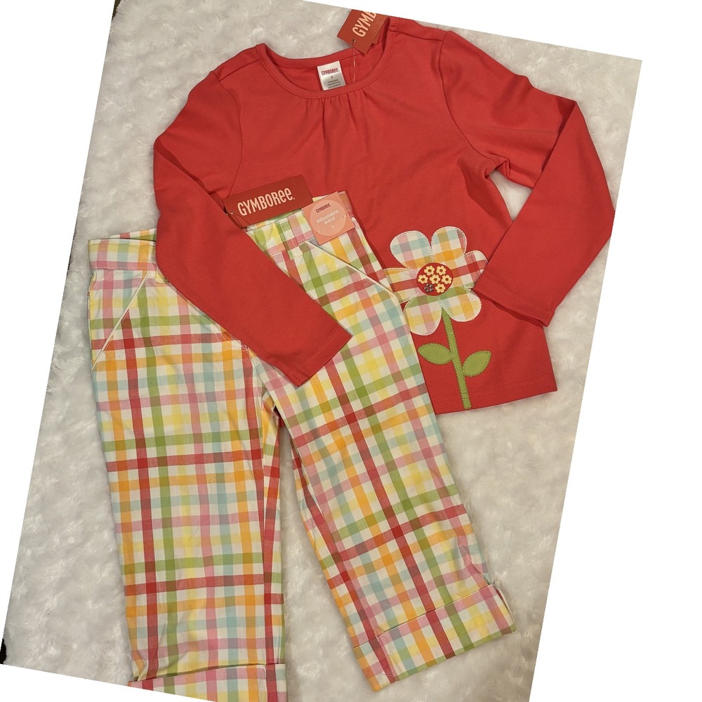 NWT Gymboree Spring Rainbow Coral Flower Hem Swing Top & Plaid Pants Capri LOT 6